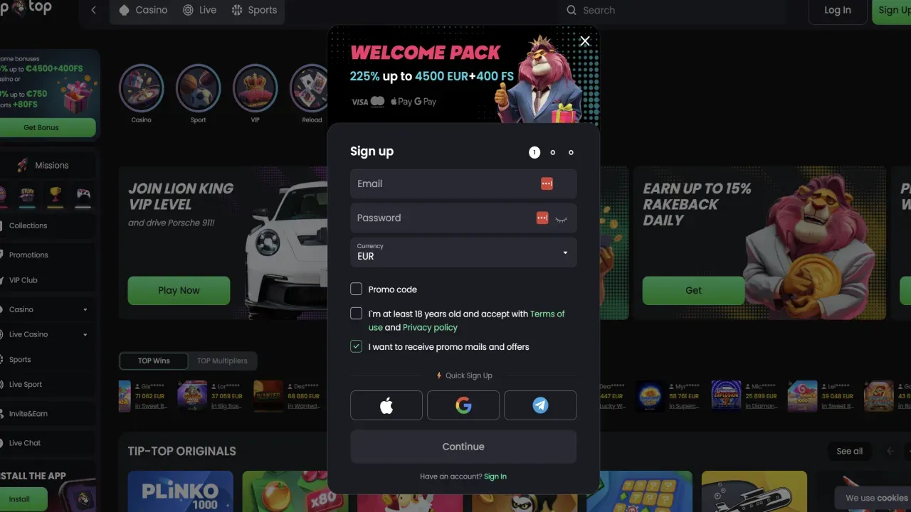 Tiptop Casino registration